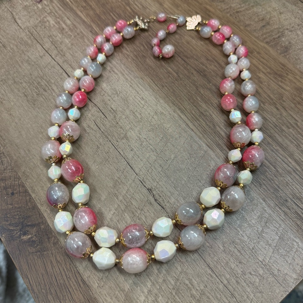 Pink & White Beaded double strand necklace with gold accents, 22-24 inches